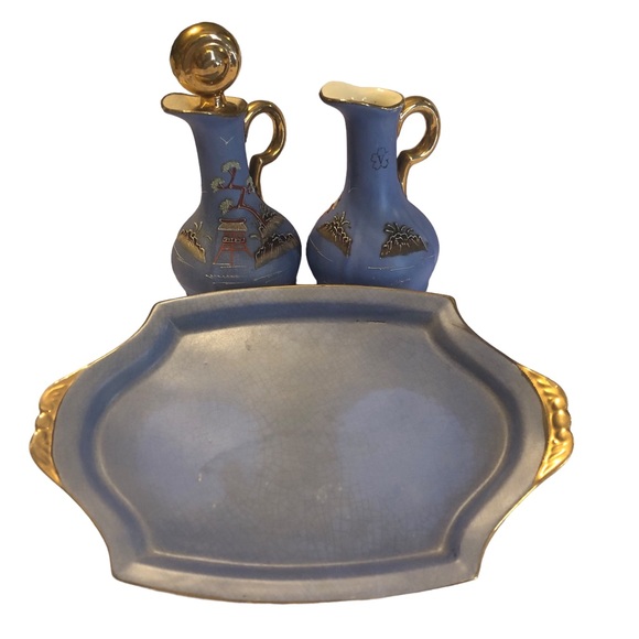Vintage Hinode Made in Japan Cruets Oil Vinegar Blue Gold Tray Hand Painted - Picture 2 of 15